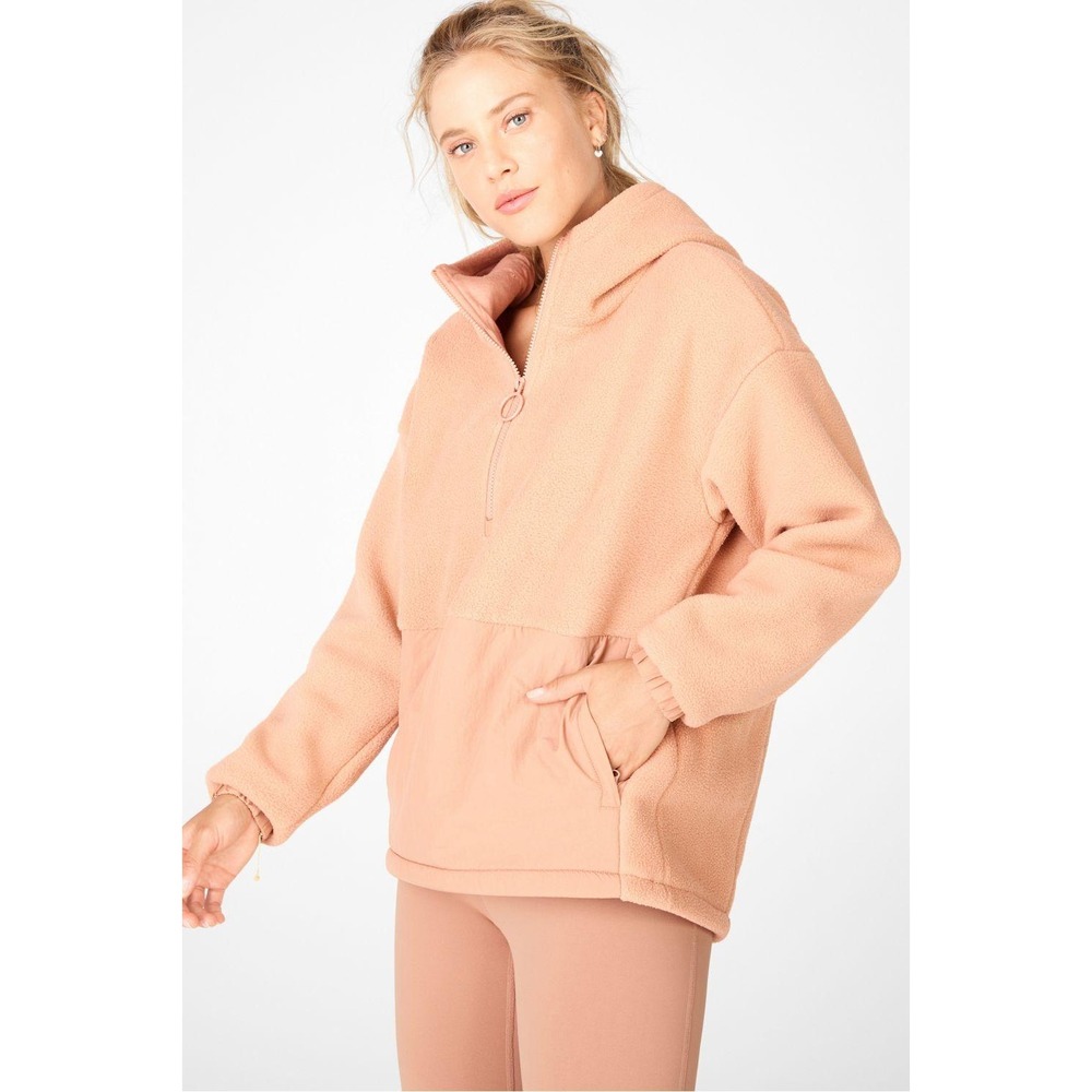 Fabletics Lotta Teddy Half-Zip‎ Jacket Pullover Hooded Fleece Pocket Tan Medium